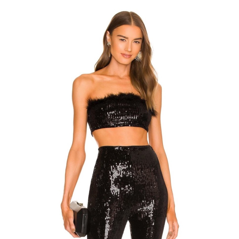 NBD Revolve Sequin Embellished Maeve Top Ostrich Feather Trim Black Size Small
